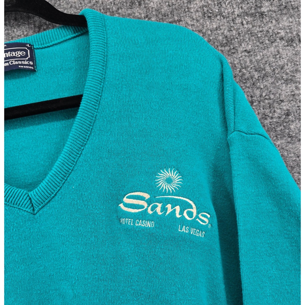 Sands Hotel Casino Vintage Sweater Mens L Teal V-Neck Pullover 90s Las Vegas USA